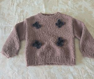 Zara Dusty Mauve Crewneck Sweater with Dark Floral Appliqués